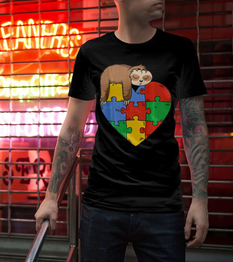 Cute Sloth Heart Puzzle Autism Parents Autistic Child T-Shirt