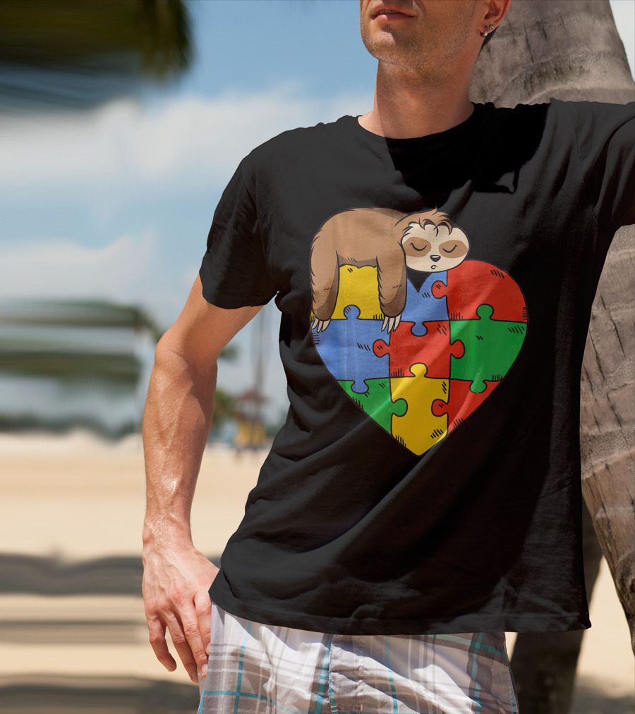 Cute Sloth Heart Puzzle Autism Parents Autistic Child T-Shirt