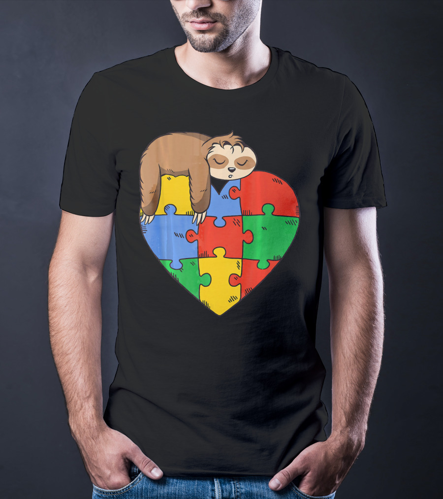 Cute Sloth Heart Puzzle Autism Parents Autistic Child T-Shirt