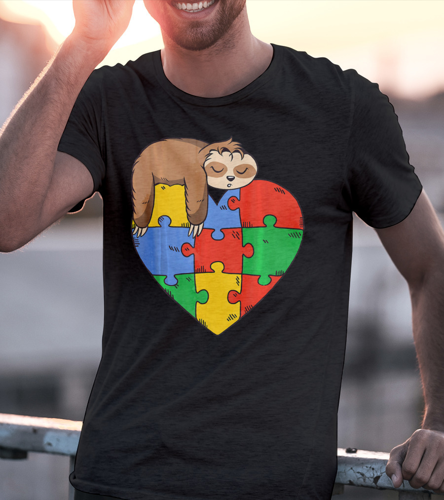 Cute Sloth Heart Puzzle Autism Parents Autistic Child T-Shirt