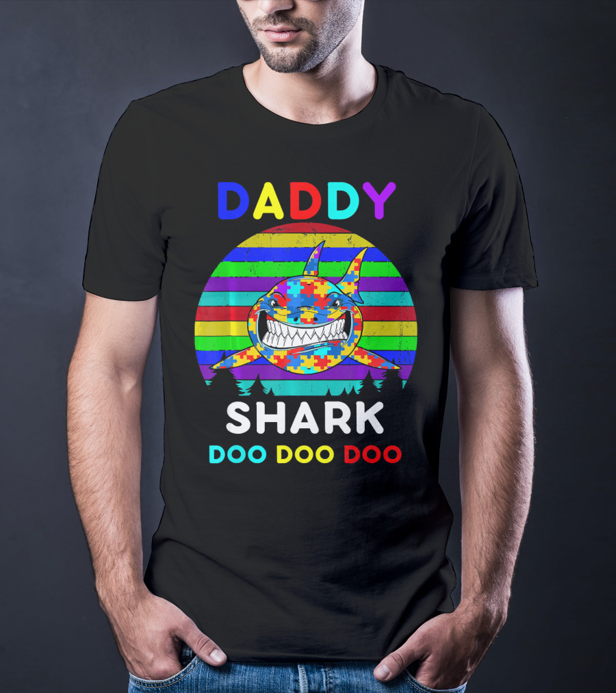 Daddy Shark Doo Doo Autism Awareness Colorful Puzzle Stripes T-Shirt