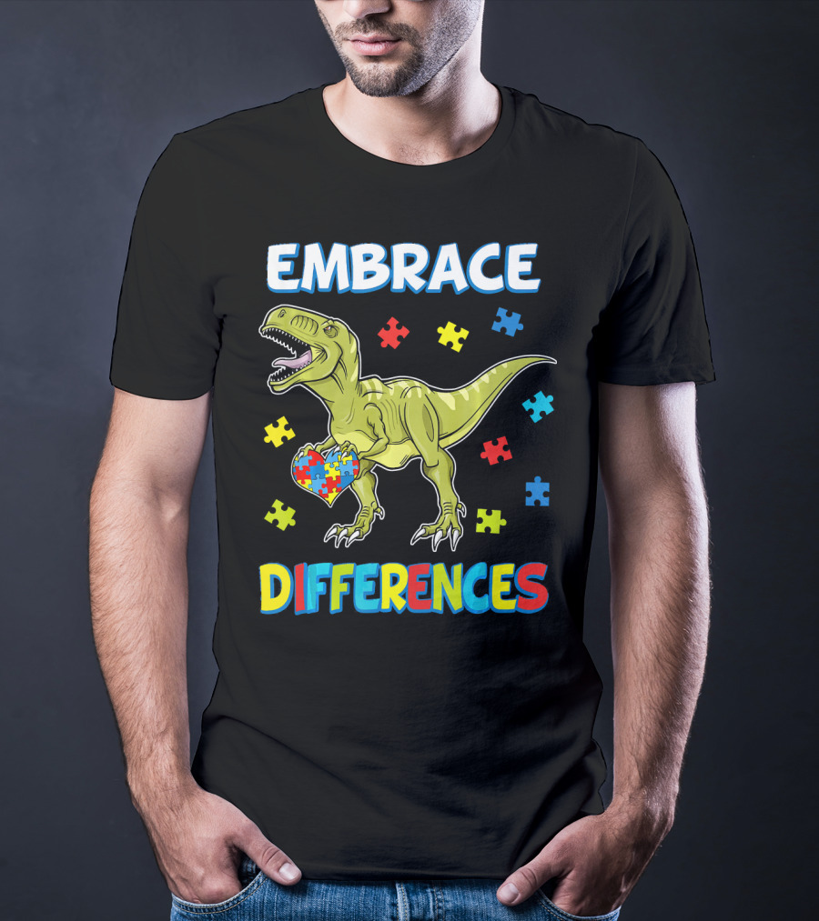 Embrace Differences Dinosaurus Trex Auti Puzzle Heart T-Shirt