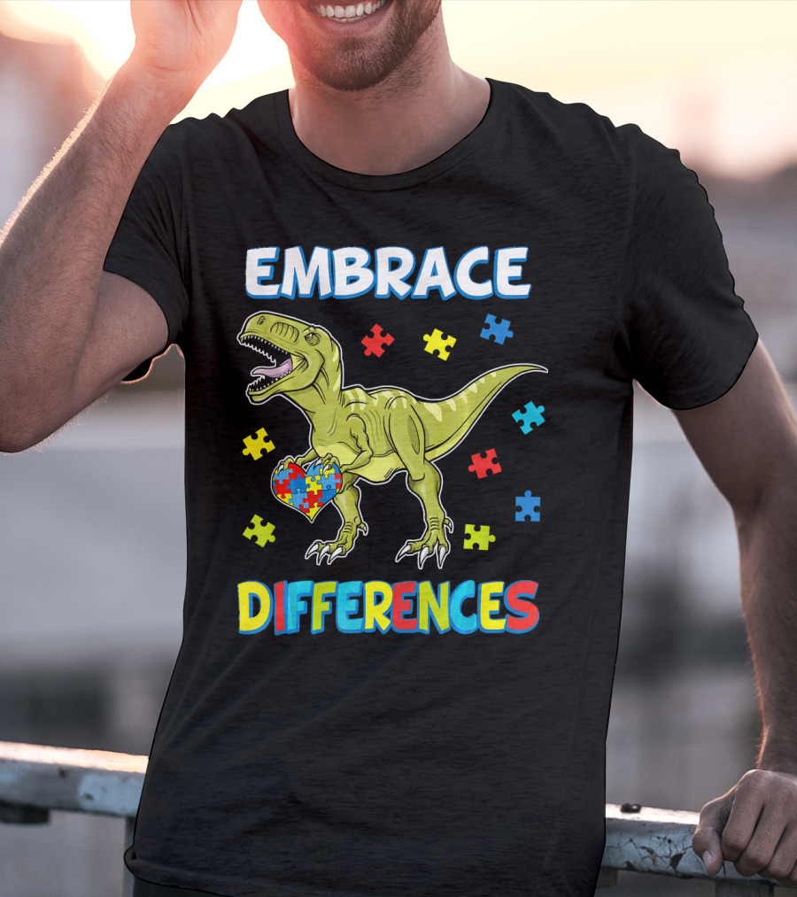 Embrace Differences Dinosaurus Trex Auti Puzzle Heart T-Shirt