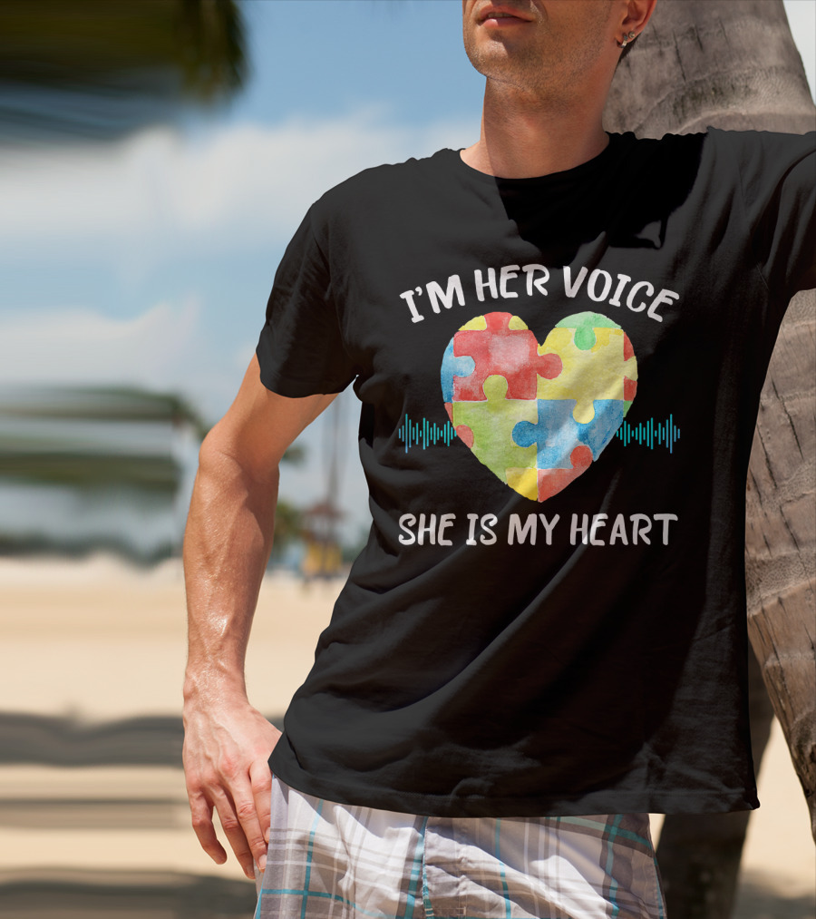 I'M HER VOICE SHE IS MY HEART Autism Puzzle Heart T-Shirt
