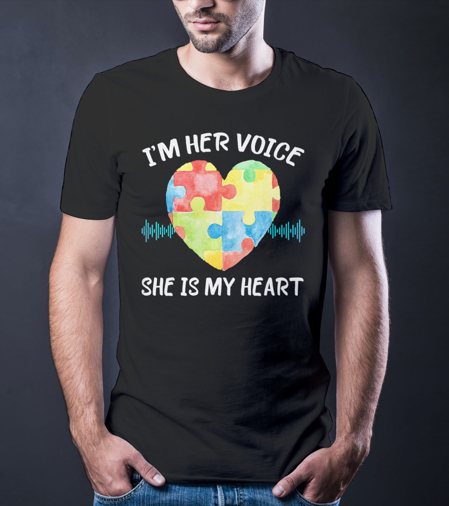 I'M HER VOICE SHE IS MY HEART Autism Puzzle Heart T-Shirt