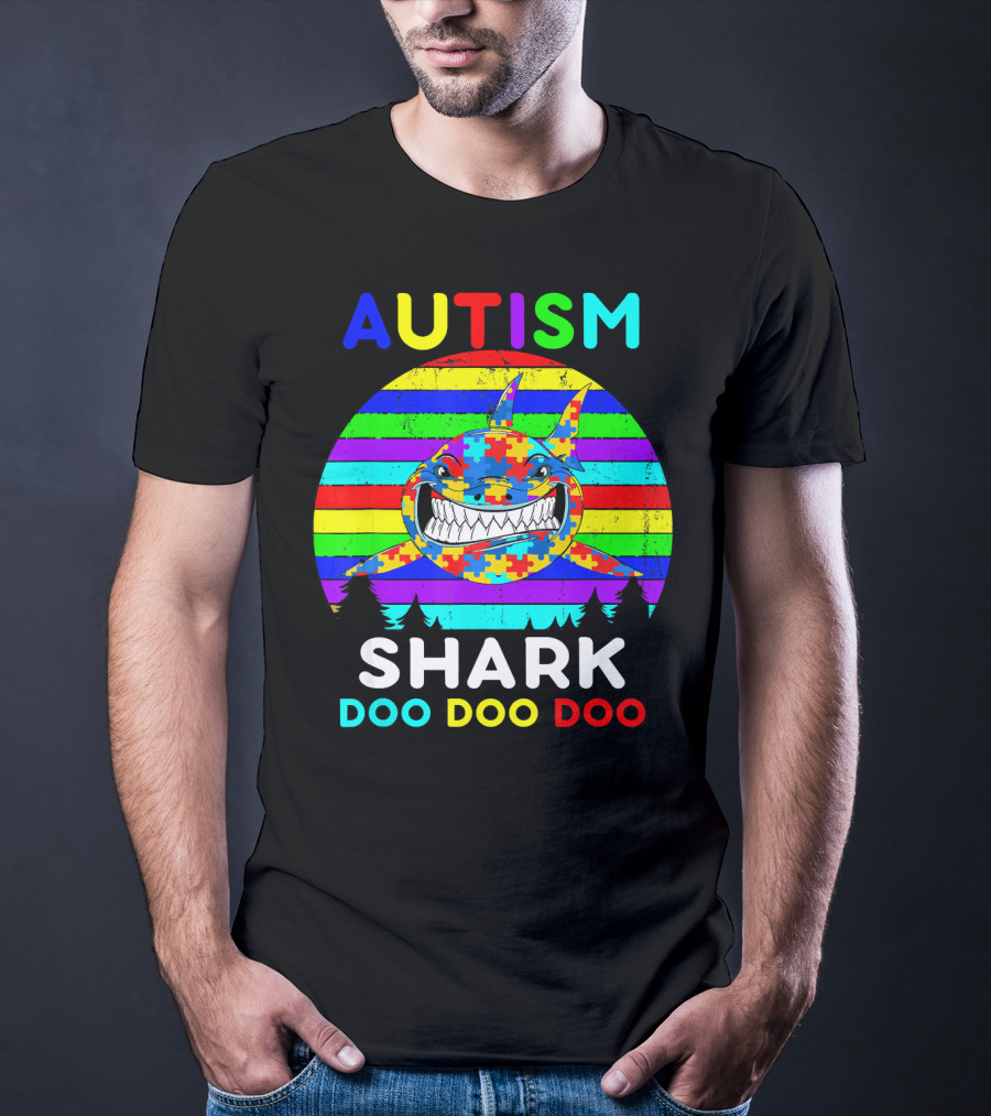 Autism Shark Doo Doo Doo Puzzle Piece Rainbow Awareness T-Shirt