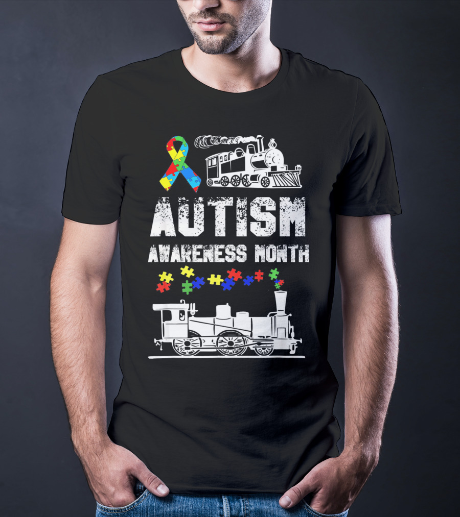 Autism Awareness Month Puzzle Ribbon Steam Train T-Shirt
