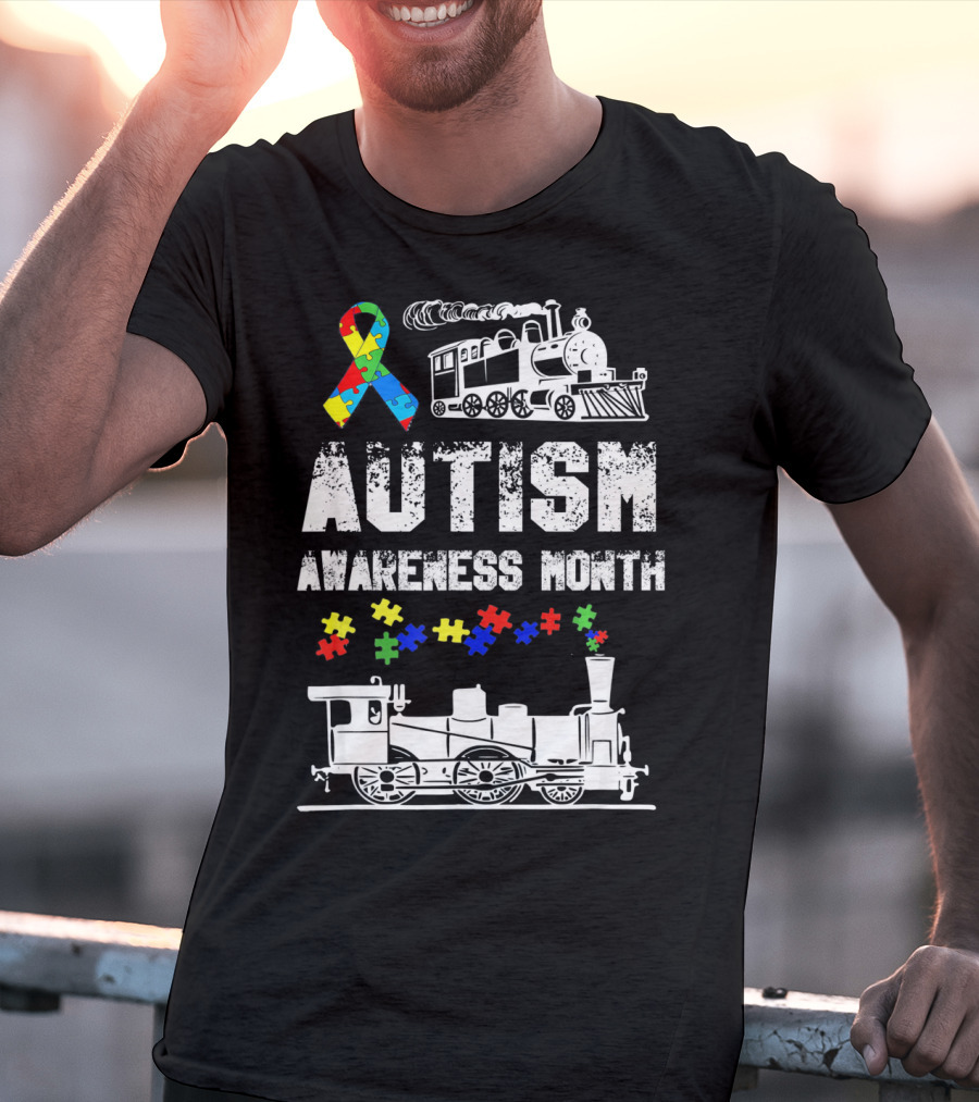 Autism Awareness Month Puzzle Ribbon Steam Train T-Shirt