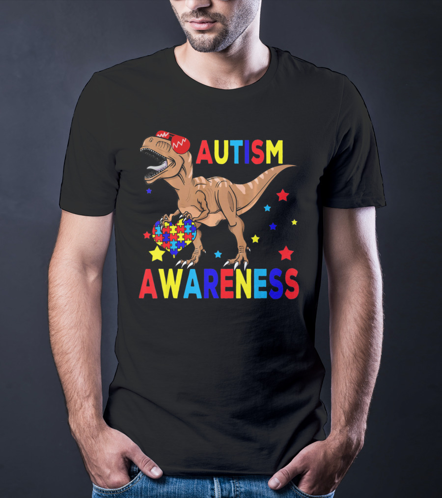 Cool Rex Dino Autism Awareness Puzzle Heart And Stars T-Shirt
