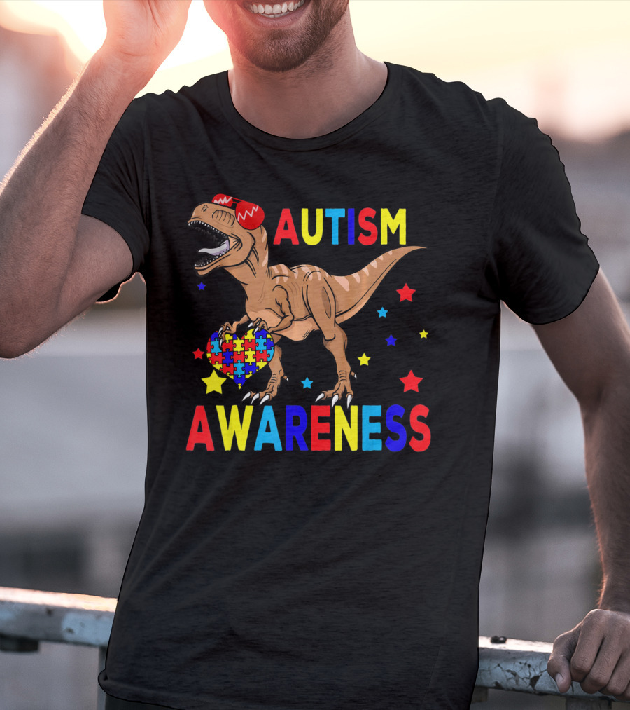 Cool Rex Dino Autism Awareness Puzzle Heart And Stars T-Shirt