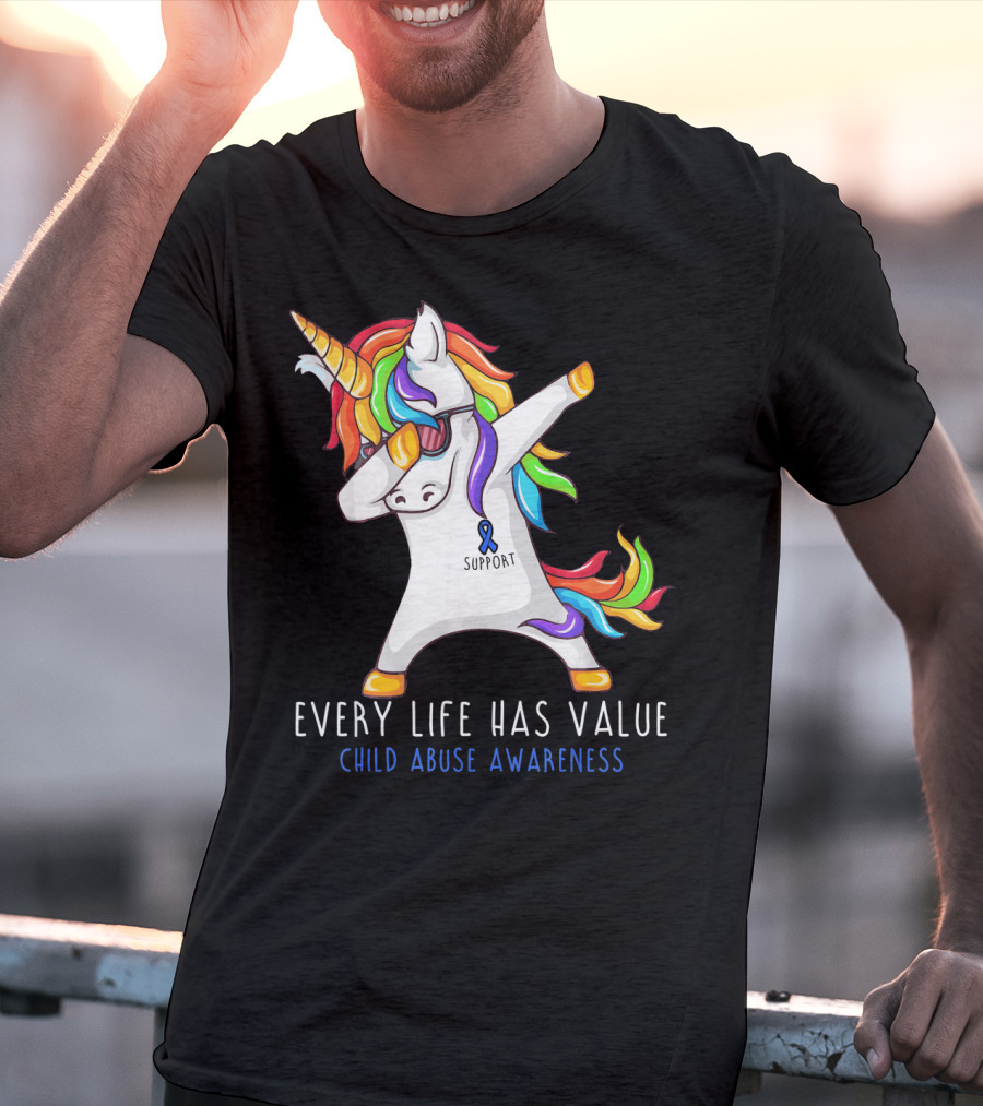 Every Life Has Value Child Abuse Awareness Support Unicorn Dabbing T-Shirt