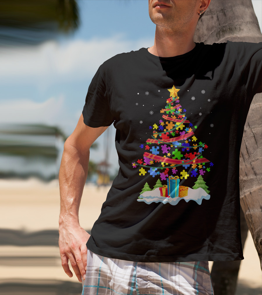 Autism Christmas Tree Puzzle Pieces And Gifts Festive T-Shirt