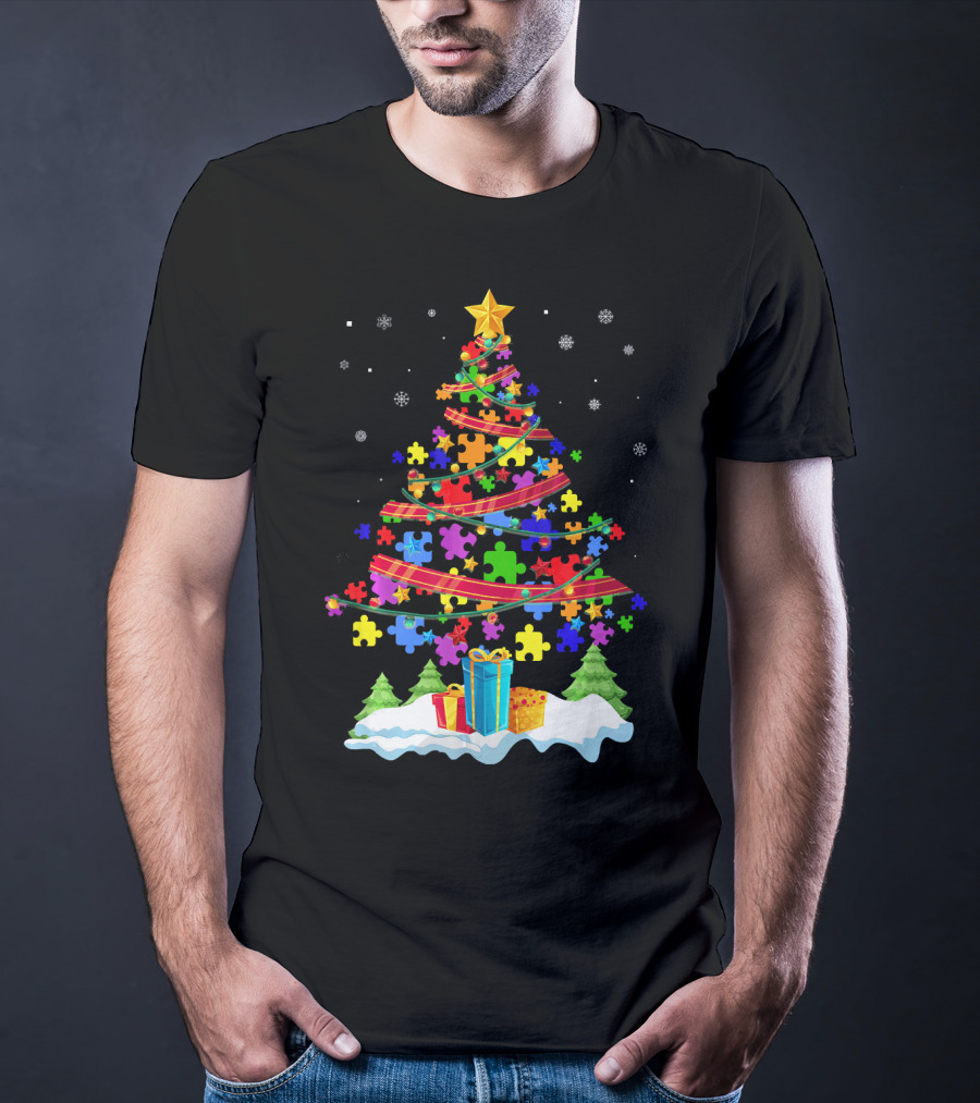 Autism Christmas Tree Puzzle Pieces And Gifts Festive T-Shirt