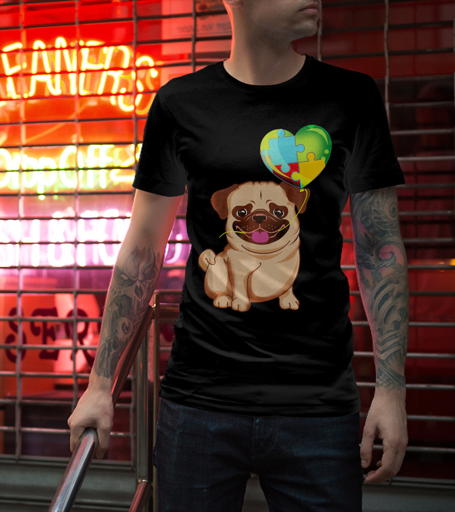 Autism Awareness Pug Puppy Heart Puzzle Balloon T-Shirt