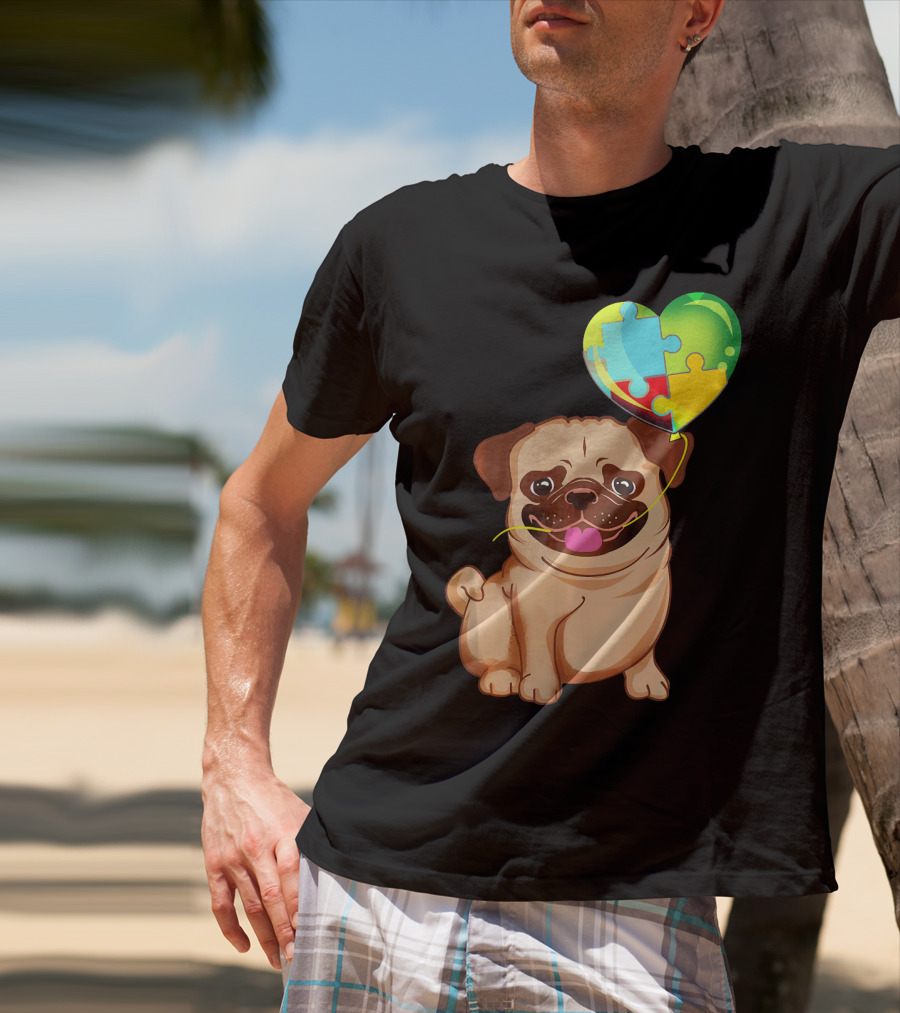 Autism Awareness Pug Puppy Heart Puzzle Balloon T-Shirt