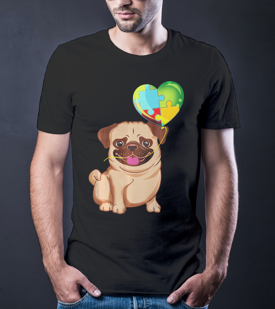 Autism Awareness Pug Puppy Heart Puzzle Balloon T-Shirt