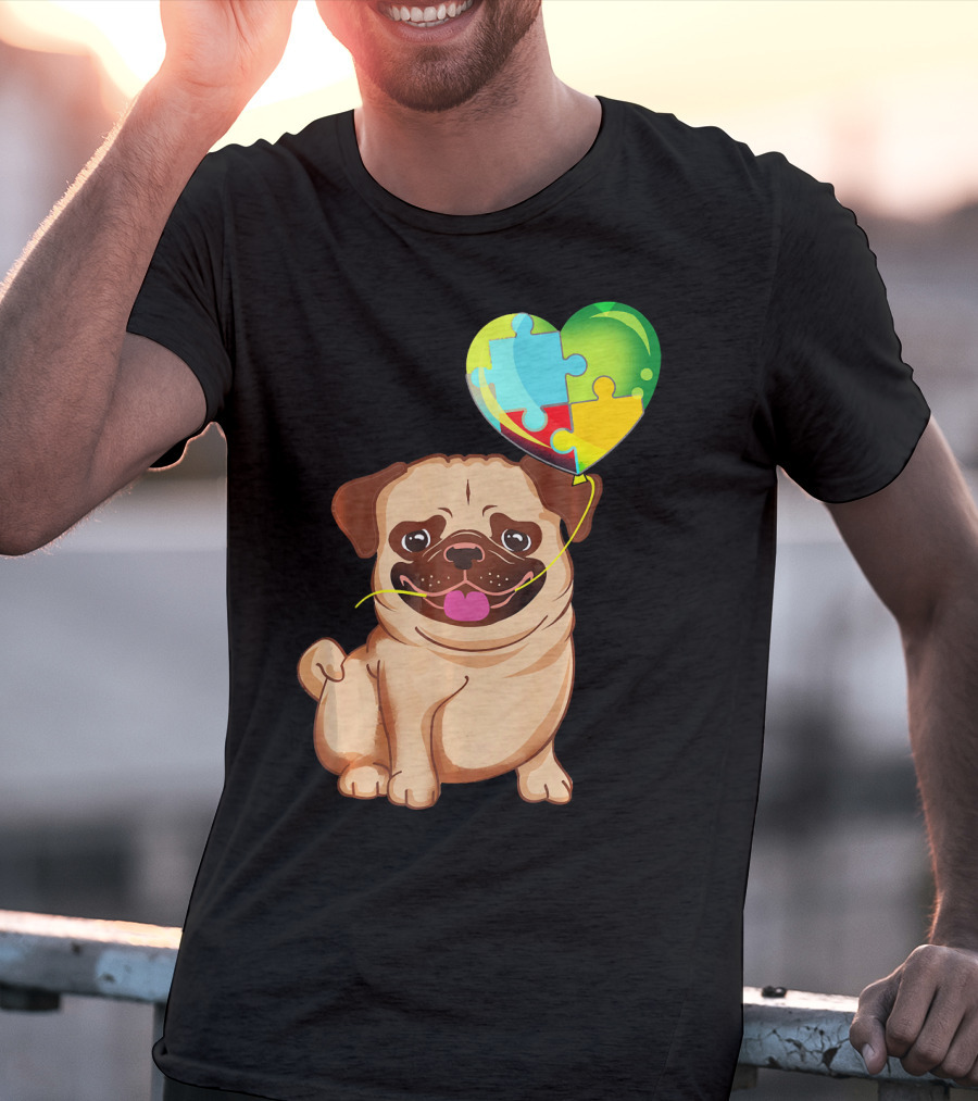 Autism Awareness Pug Puppy Heart Puzzle Balloon T-Shirt