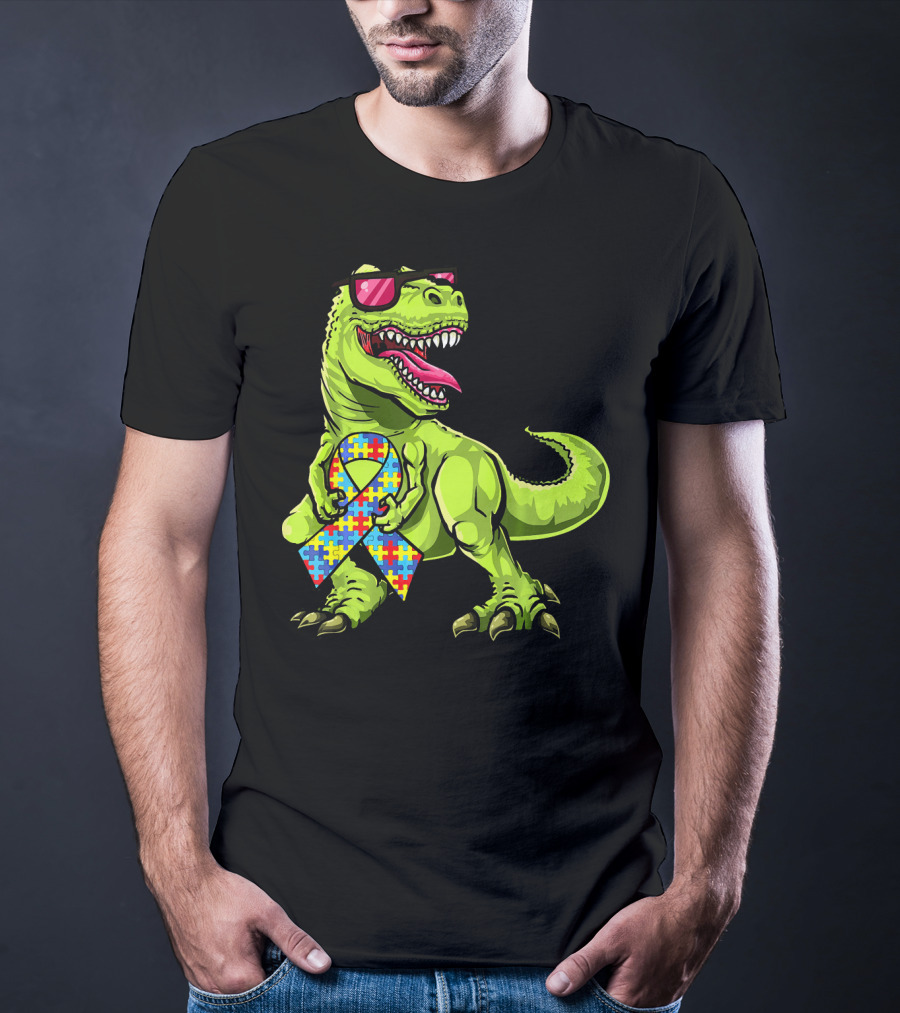 Dinosaur Rex With Autism Awareness Puzzle Ribbon And Sunglasses T-Shirt