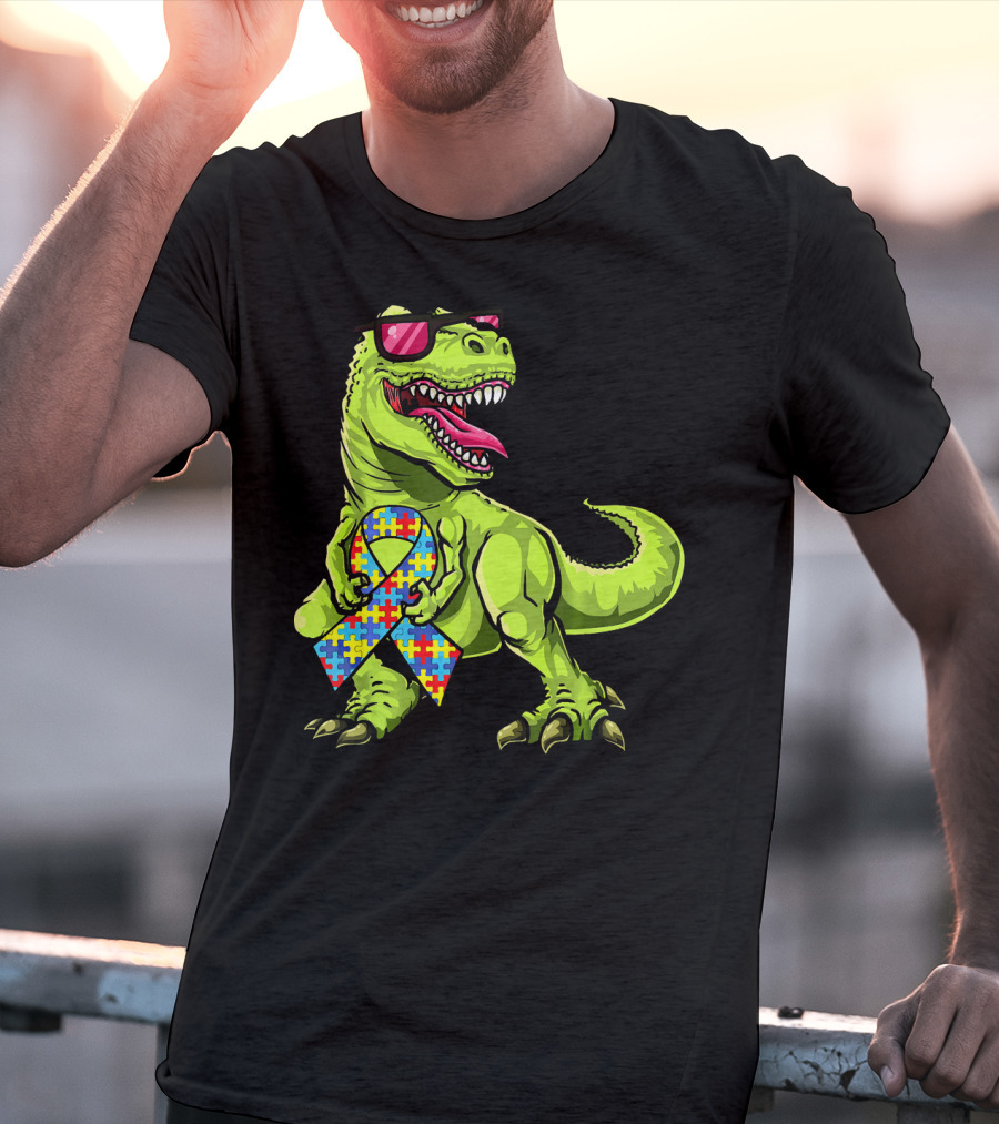 Dinosaur Rex With Autism Awareness Puzzle Ribbon And Sunglasses T-Shirt
