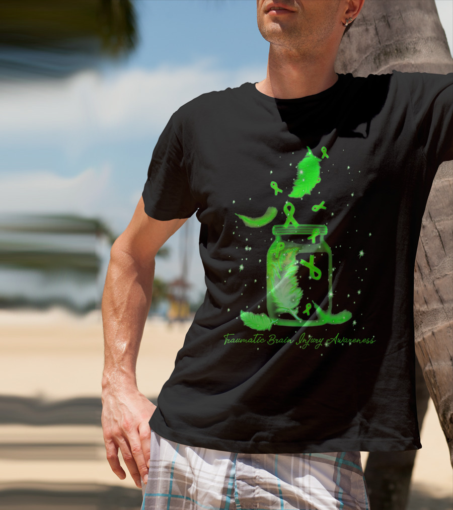 Traumatic Brain Injury Awareness Dream Jar With Green Ribbons And Feathers T-Shirt