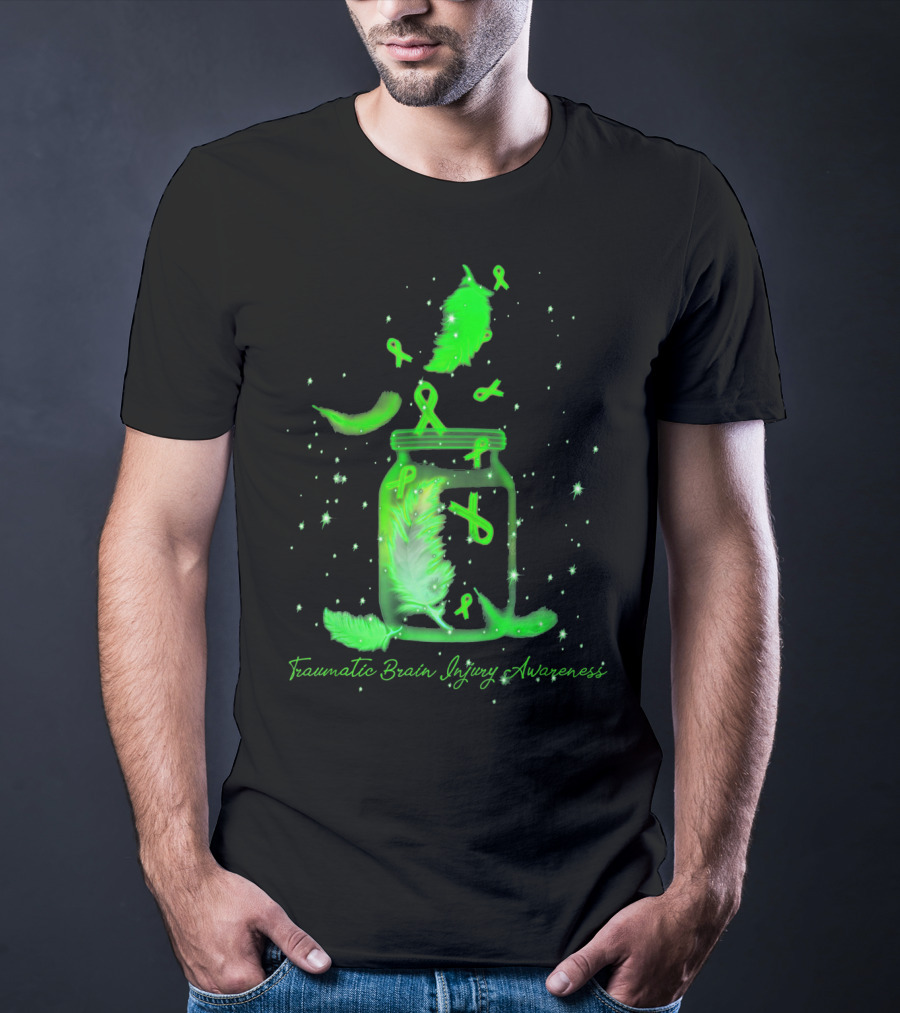 Traumatic Brain Injury Awareness Dream Jar With Green Ribbons And Feathers T-Shirt