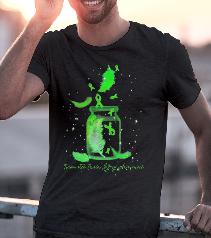 Traumatic Brain Injury Awareness Dream Jar With Green Ribbons And Feathers T-Shirt
