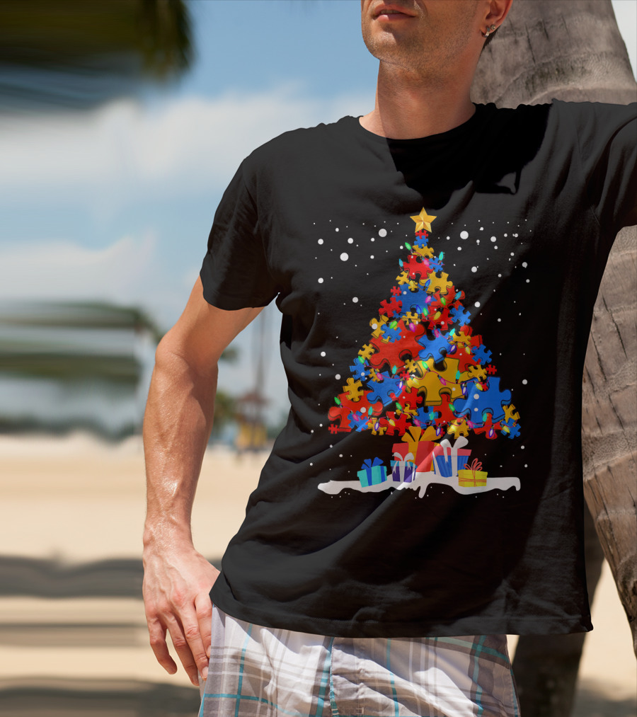 Autism Puzzle Pieces Christmas Tree With Presents Snowflakes T-Shirt