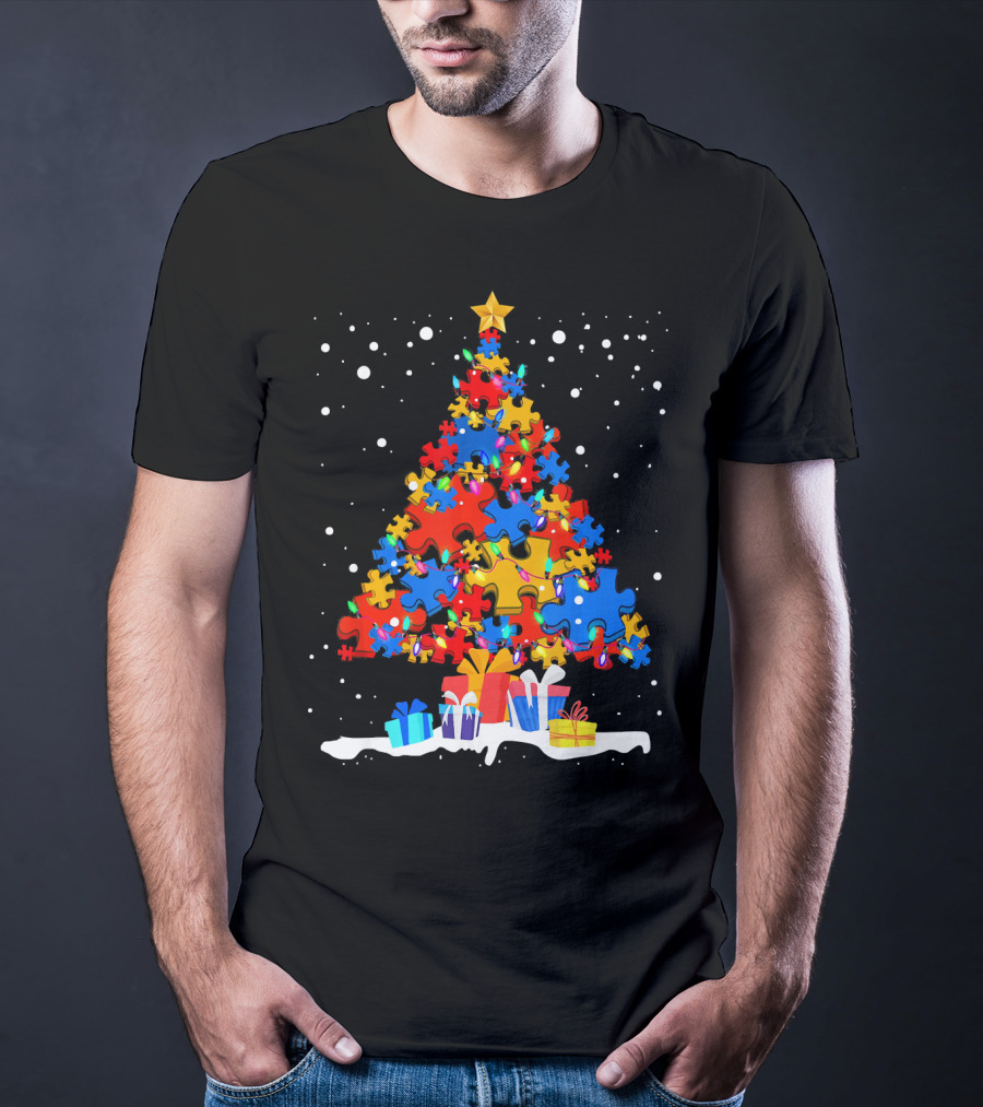 Autism Puzzle Pieces Christmas Tree With Presents Snowflakes T-Shirt