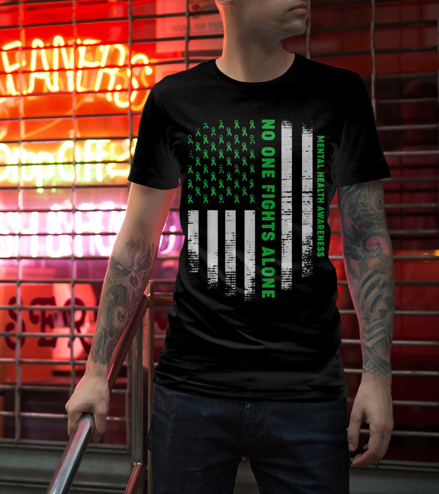 No One Fights Alone USA Flag Mental Health Awareness T-Shirt