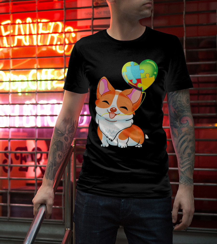 Autism Awareness Corgi Puppy With Heart Balloon Puzzle T-Shirt