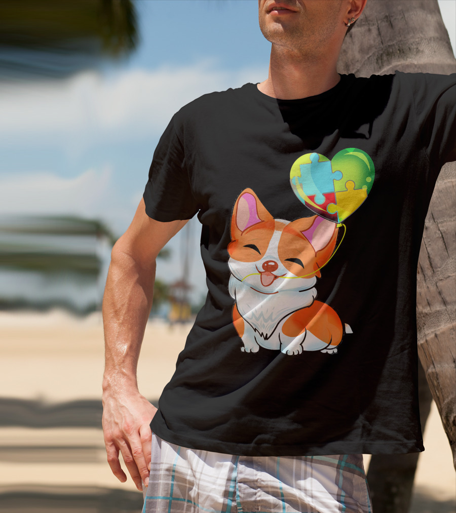 Autism Awareness Corgi Puppy With Heart Balloon Puzzle T-Shirt