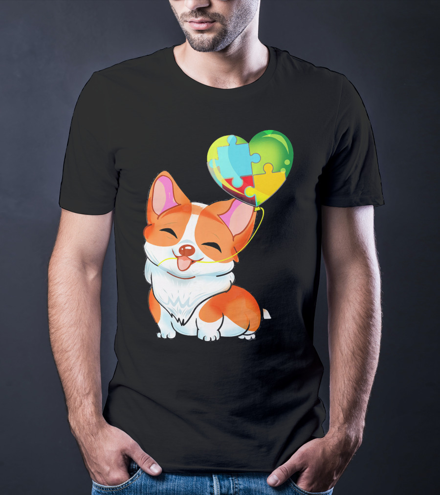 Autism Awareness Corgi Puppy With Heart Balloon Puzzle T-Shirt