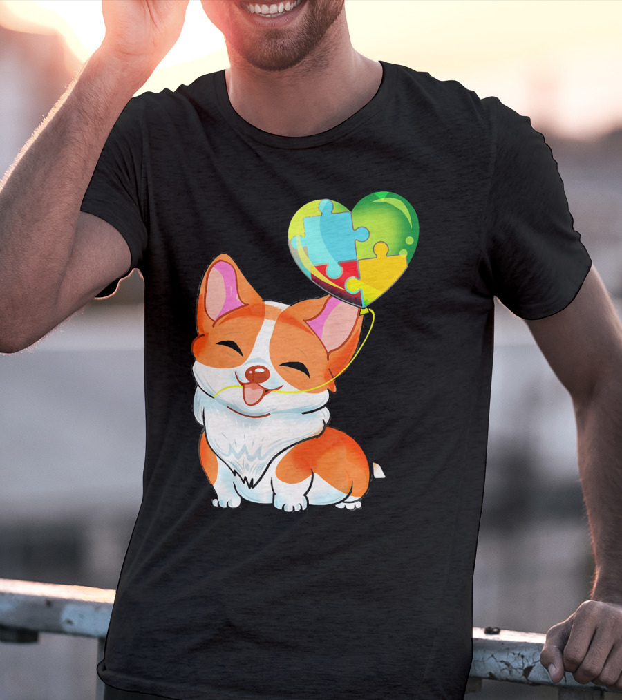 Autism Awareness Corgi Puppy With Heart Balloon Puzzle T-Shirt