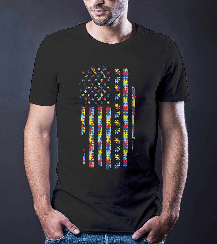USA Flag Autism Awareness Puzzle T-Shirt