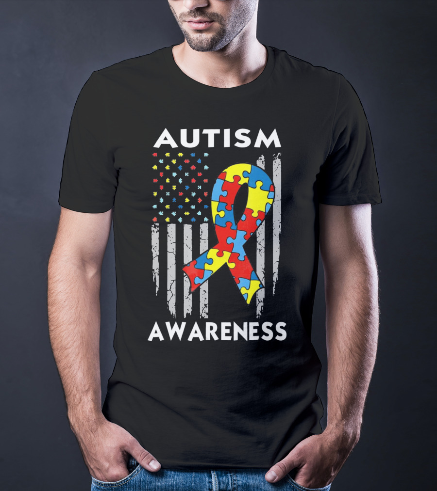 Autism Awareness USA American Flag Puzzle T-Shirt
