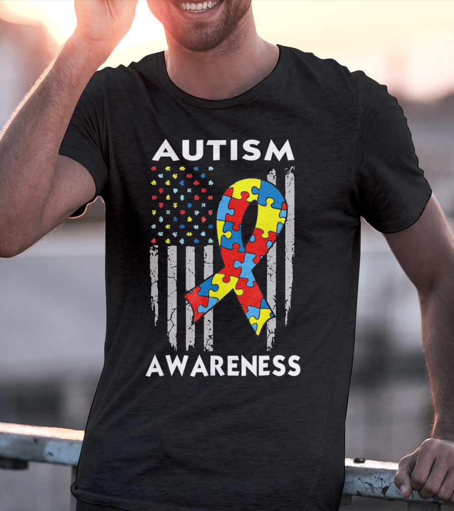 Autism Awareness USA American Flag Puzzle T-Shirt