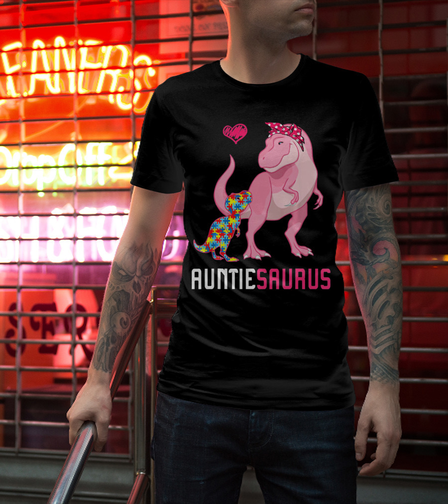 Auntiesaurus Dinosaur Puzzle Piece Heart Autism Awareness T-Shirt