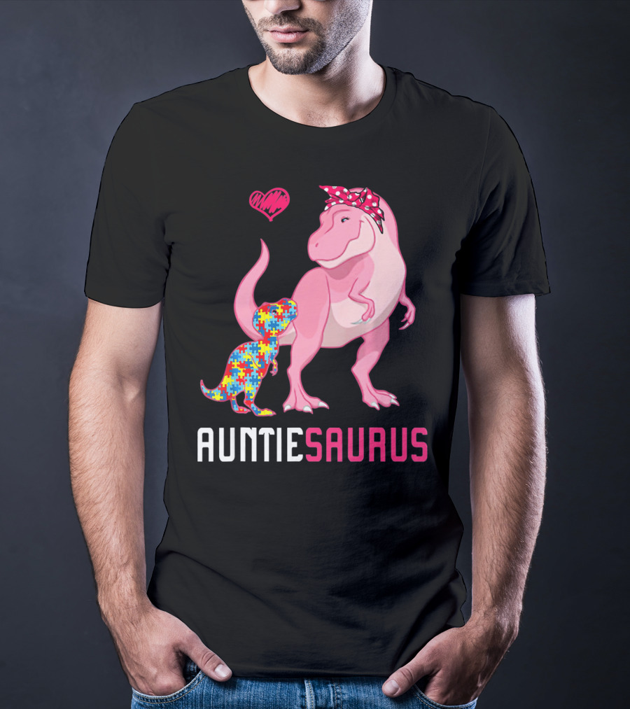Auntiesaurus Dinosaur Puzzle Piece Heart Autism Awareness T-Shirt