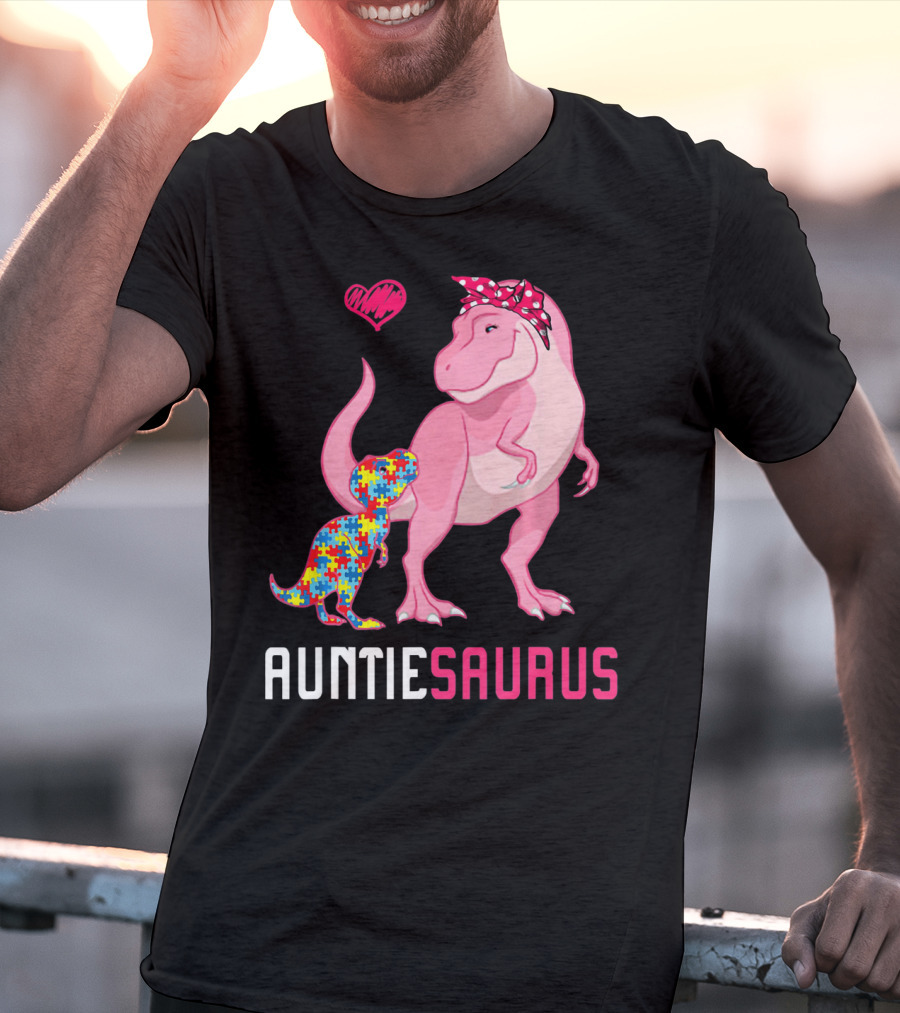 Auntiesaurus Dinosaur Puzzle Piece Heart Autism Awareness T-Shirt