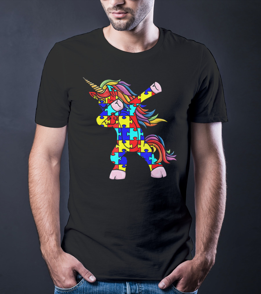 Autism Awareness Unicorn Dabbing Puzzle Pattern Rainbow Mane T-Shirt