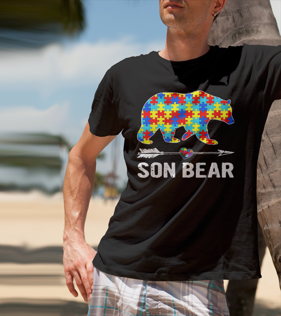 Son Bear Autism Awareness Puzzle Heart Arrow T-Shirt