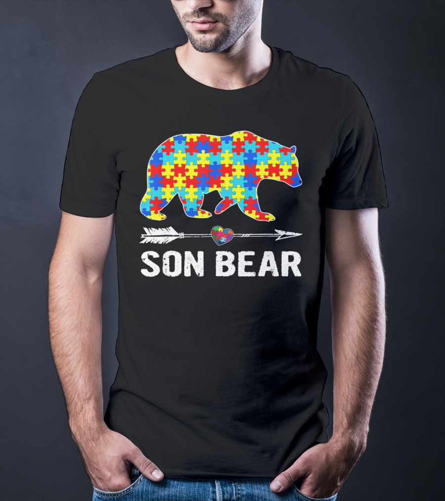Son Bear Autism Awareness Puzzle Heart Arrow T-Shirt