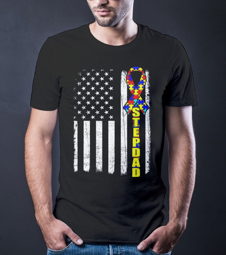 Stepdad Autism Awareness Puzzle Ribbon American Flag T-Shirt
