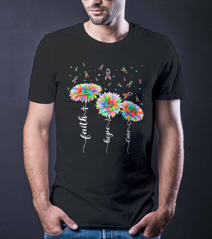 Faith Hope Cure Colorful Sunflowers Autism Awareness Puzzle Pieces T-Shirt