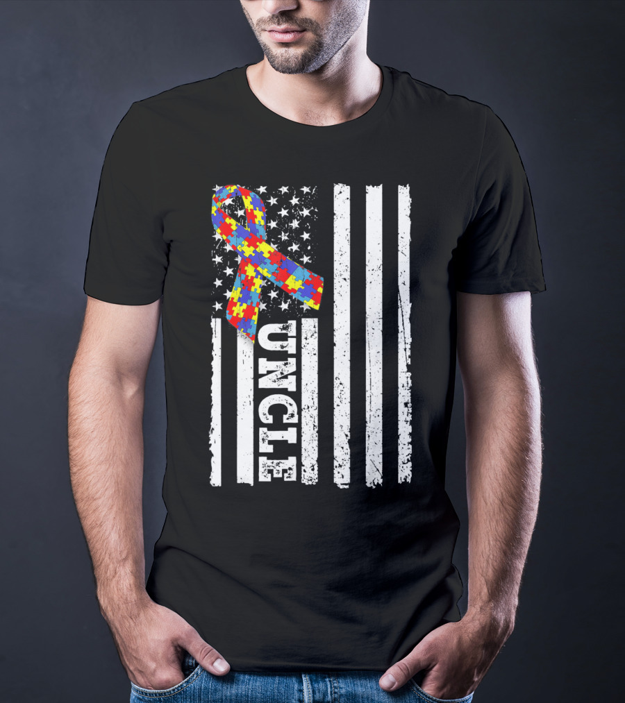 UNCLE Puzzle Ribbon American Flag Autism Awareness T-Shirt