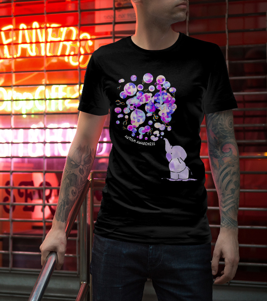 Elephant Blowing Puzzle Pieces Balloons Autism Awareness T-Shirt