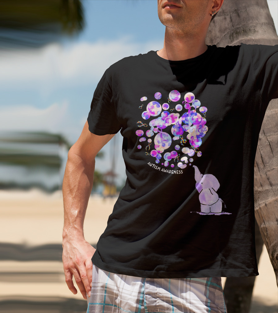 Elephant Blowing Puzzle Pieces Balloons Autism Awareness T-Shirt