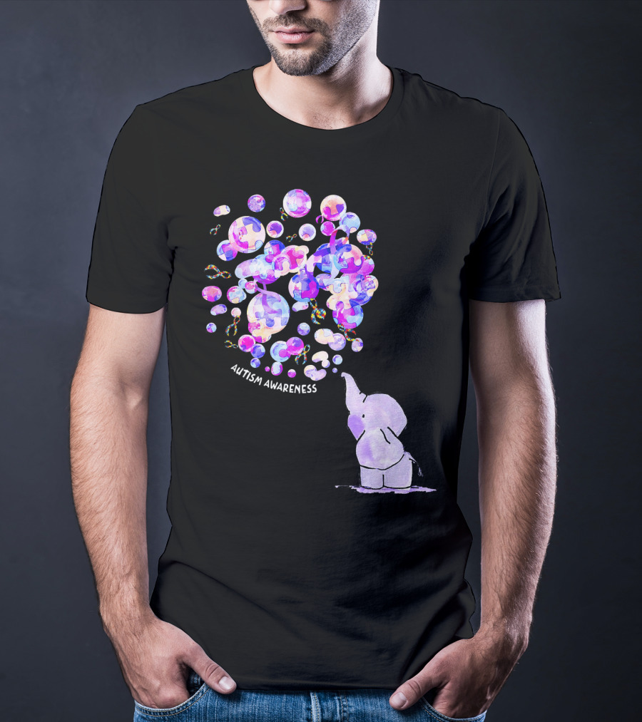 Elephant Blowing Puzzle Pieces Balloons Autism Awareness T-Shirt