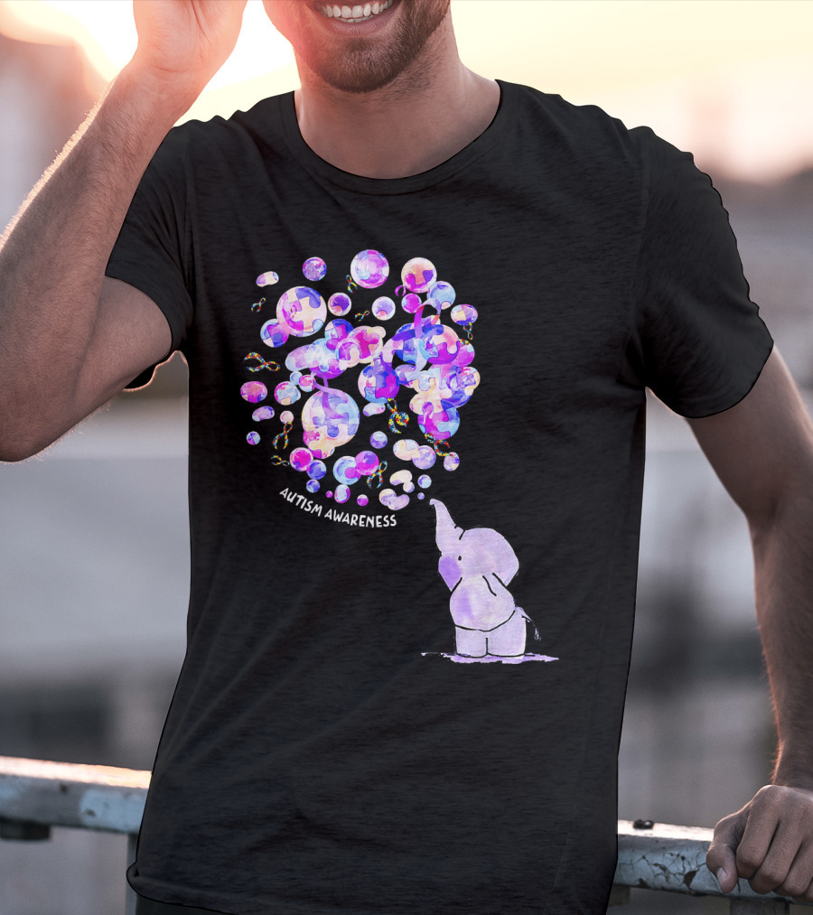 Elephant Blowing Puzzle Pieces Balloons Autism Awareness T-Shirt
