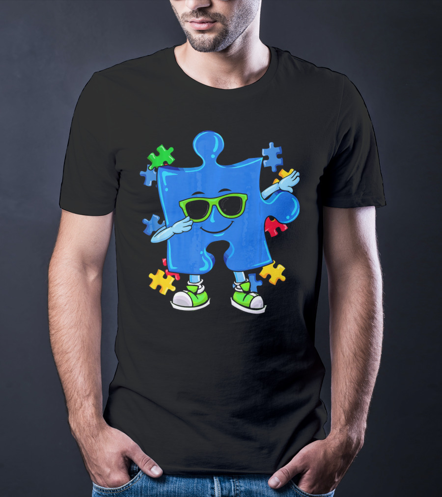Dabbing Puzzle Piece Cool Sunglasses Autism Awareness T-Shirt